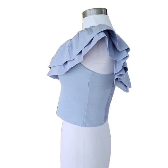 NEW Anthropologie Sunday Brooklyn Ruffled One-Shoulder Crop Top Small Sky Blue - Picture 4 of 9